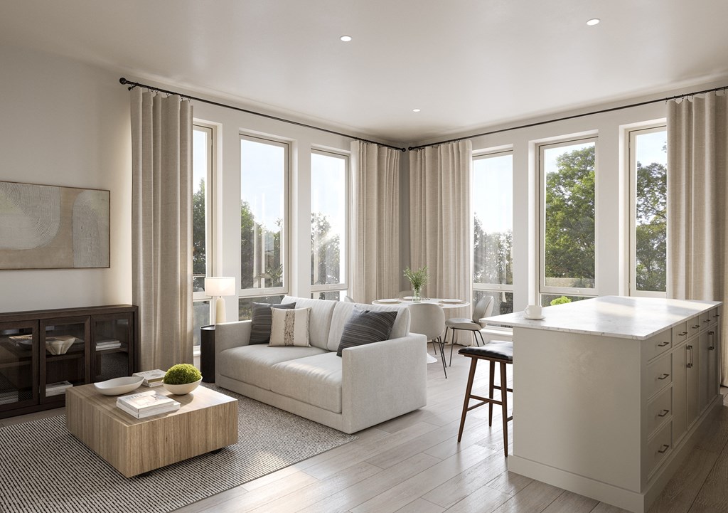 a rendering of a living room with a kitchen and a table