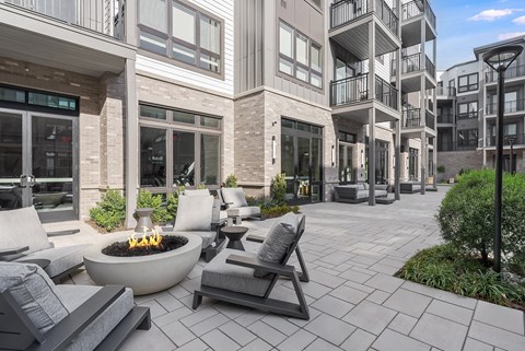 A patio area with a fire pit and seating area.