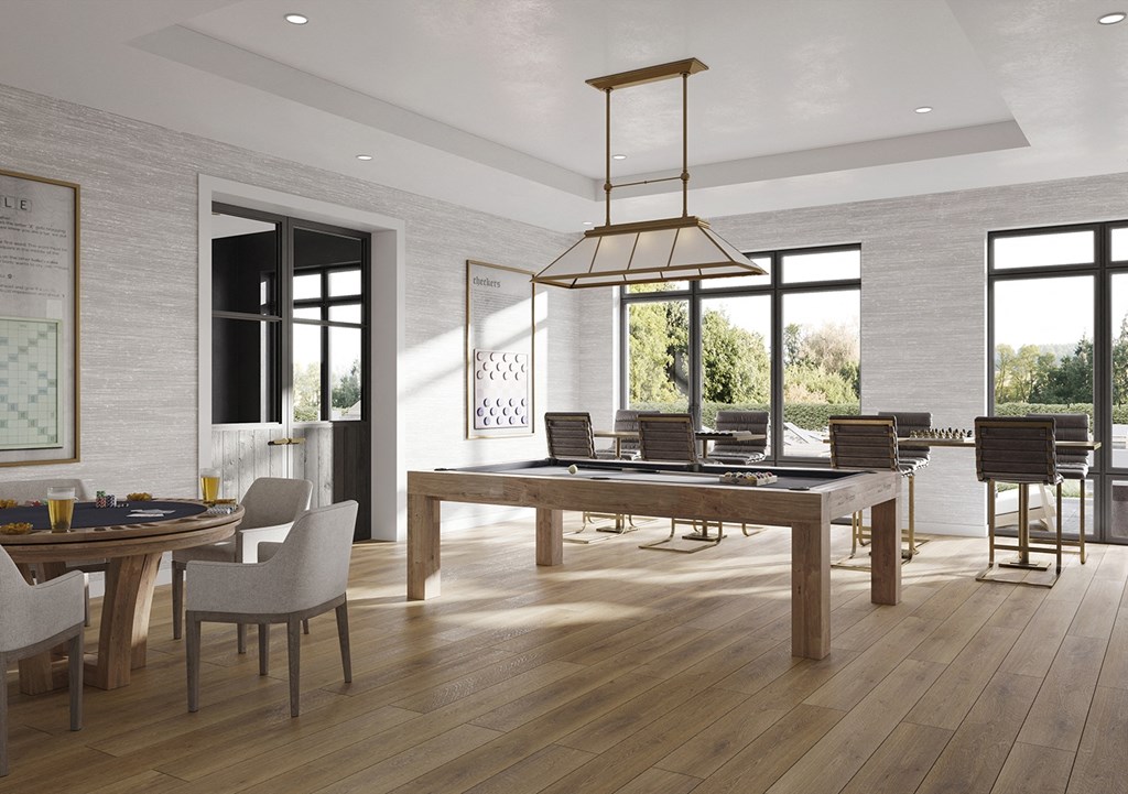 a rendering of a dining room with a large table and chairs