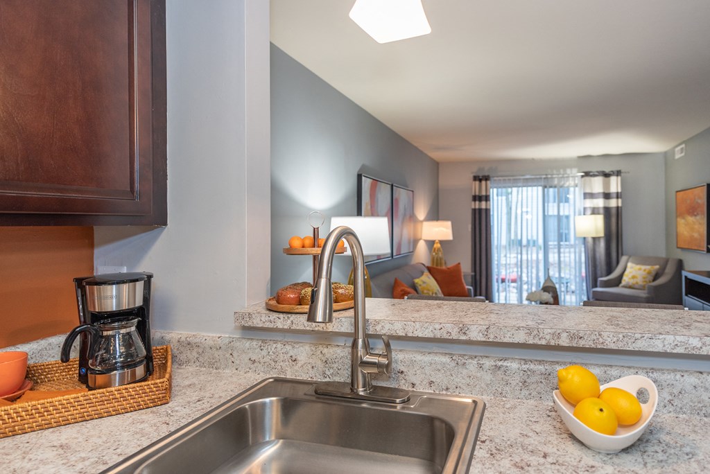 a kitchen sink with a view of a living room