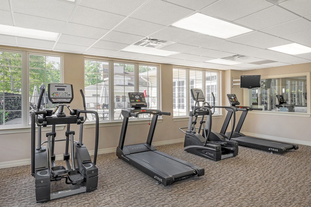 A gym with treadmills, elliptical machines, and a television.