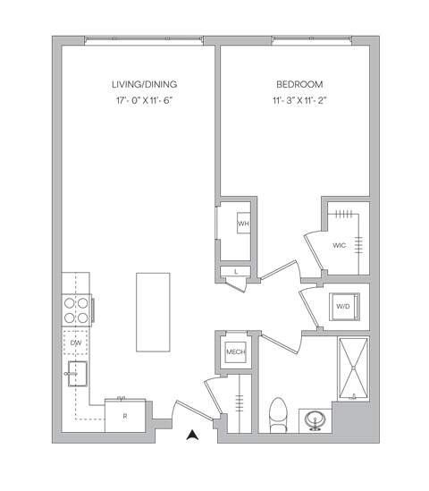 a floor plan of a bedroom floor plan with a bathroom and an open floor plan