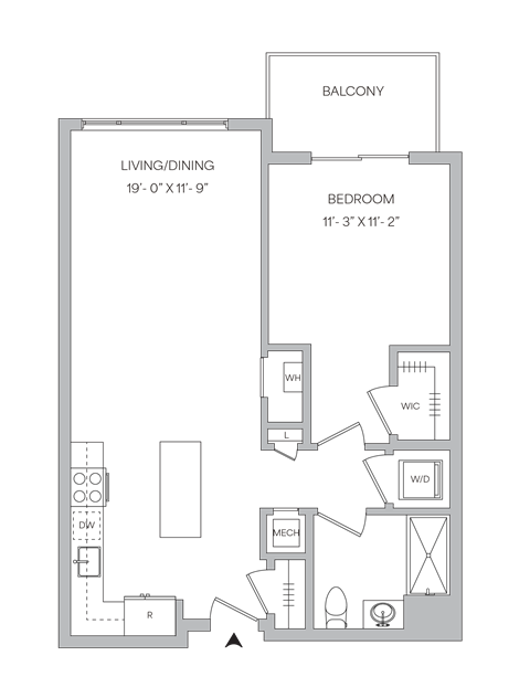 a floor plan of a small apartment with a bedroom and a living room
