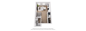A 3D floor plan of a small apartment with a kitchen, living room, and bathroom.