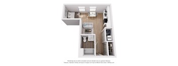 A 3D floor plan of a small apartment with a kitchen, living room, and bathroom.