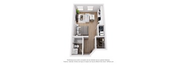 A 3D floor plan of a small apartment with a kitchen, living room, and bathroom.