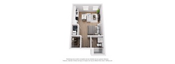A 3D floor plan of a small apartment with a kitchen, living room, and bedroom.
