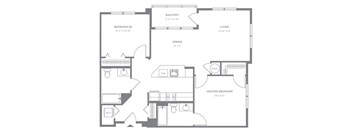 A black and white image of a house floor plan with a balcony, two bedrooms, a living room, a dining room, a kitchen, a half bath, and a master bedroom.