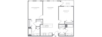 Two bedroom apartment floor plan with dual bathrooms at Pier Village Apartments, Long Branch, NJ 7740