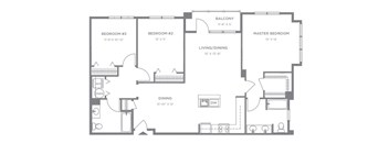 Three bedroom apartment floor plan with balcony at Pier Village Apartments, Long Branch, New Jersey