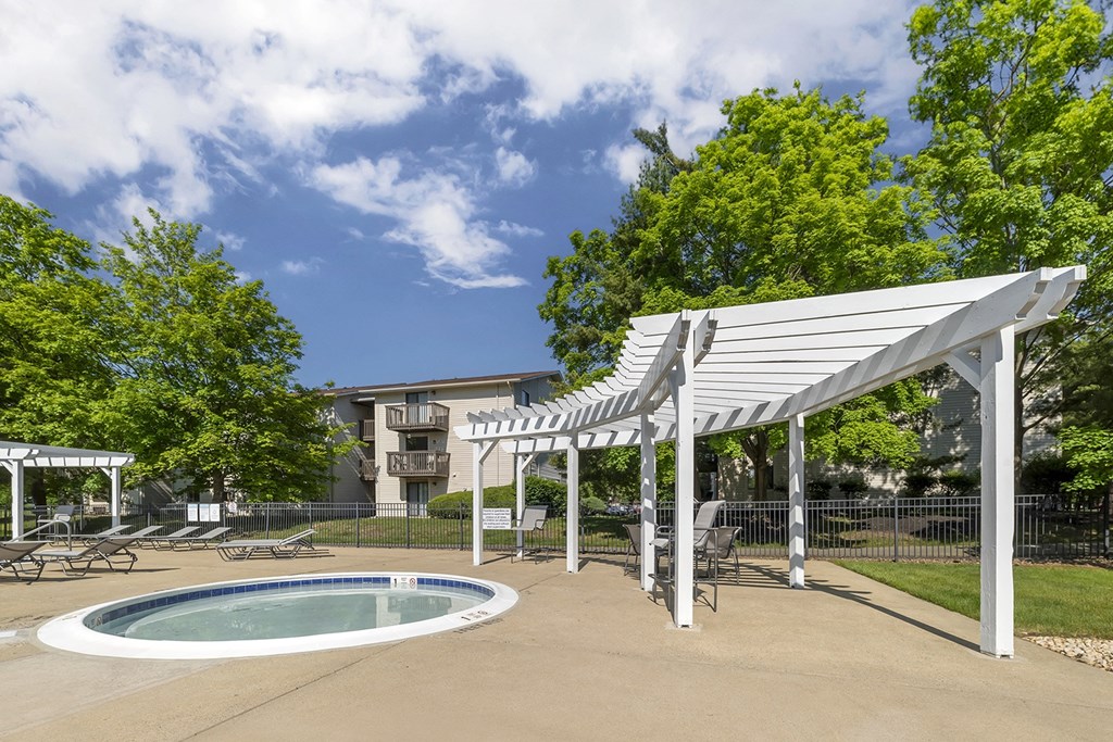 our apartments have a patio with a pool and shade at Quail Ridge, New Jersey