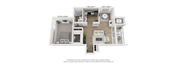 a stylized floor plan with a bedroom and a living room