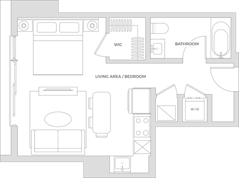 Floorplan of a studio apartment with 454 square feet.