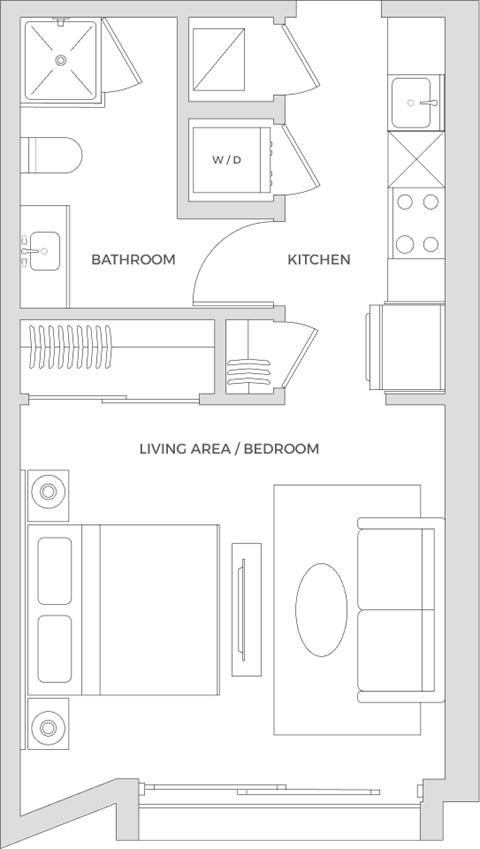 Floorplan of a studio apartment with 456 square feet.