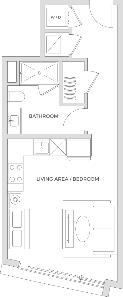 Floorplan of a studio apartment with 464 square feet.