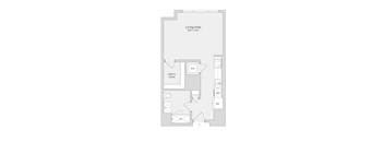 A floor plan of a room with a living area, walk-in closet, and bathroom.