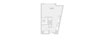 A floor plan of a living area with dimensions and labeled rooms.