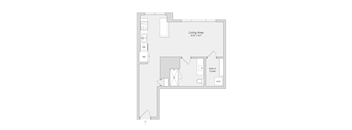 A floor plan of a living area with a living room, dining room, and a walk-in closet.