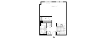 Studio floor plan with kitchen and bathroom at Pier Village Apartments, Long Branch, New Jersey