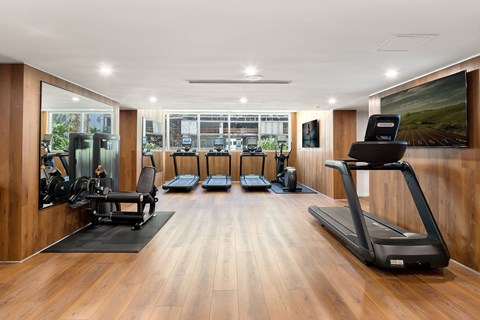 Fitness center with treadmills and strength equipment at The Hamilton Apartments, Florida