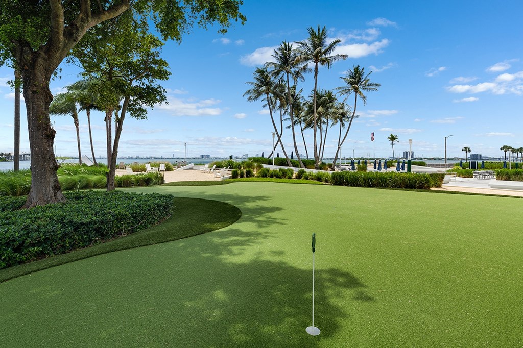 A golf course with a green and a flag on it.