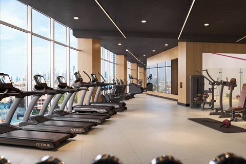 A gym with treadmills and a view of the city.