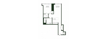 A floor plan of a house with a bedroom, living/dining area, and a kitchen.