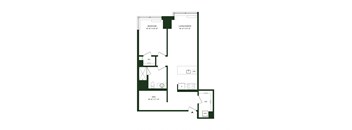 A floor plan of a room with a bedroom, living/dining area, and a den.