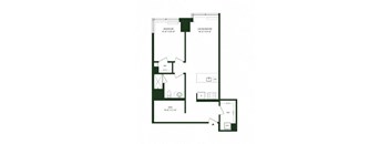 A floor plan of a home with a bedroom, living/dining area, and den.