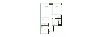 A floor plan of a small apartment with a living room, bedroom, and bathroom.