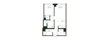 A floor plan of a room with a bedroom, living/dining area, den, and a workspace.