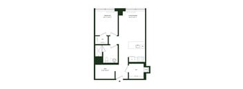 A floor plan of a room with a den, bedroom, and living/dining area.