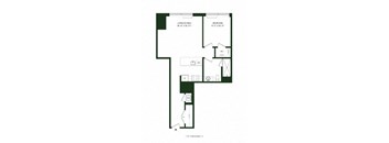 A floor plan of a home with a living/dining area, a bedroom, and a bathroom.
