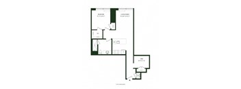A floor plan of a home with a bedroom, living/dining area, and a den.