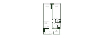 A floor plan of a small apartment with a living/dining area, a bedroom, a den, a kitchen, and a bathroom.