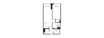 A floor plan of a small apartment with a living/dining area, bedroom, and den.