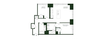 A floor plan of a home with a living/dining area, two bedrooms, and a primary bedroom.