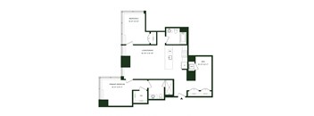 A floor plan of a home with three bedrooms and a living/dining area.