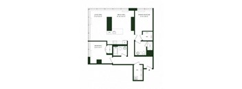 A floor plan of a house with a living area, two bedrooms, and a den.