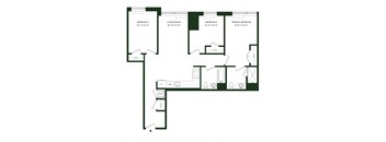 A floor plan of a house with three bedrooms and a living/dining area.