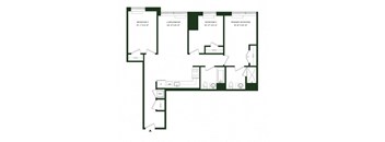 A floor plan of a house with three bedrooms and a living/dining area.