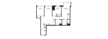 A floor plan of a house with three bedrooms, a living/dining area, and a primary bedroom.