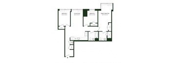 A floor plan of a house with three bedrooms and a living/dining area.
