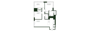 A floor plan of a home with three bedrooms, a living/dining area, and a kitchen.