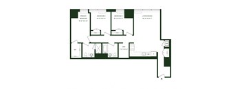 A floor plan of a house with three bedrooms and a living/dining area.