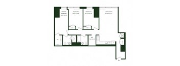 A floor plan of a house with three bedrooms and a den.