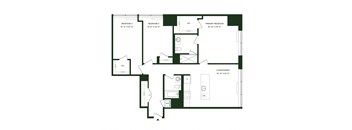 A floor plan of a house with three bedrooms and a living/dining area.
