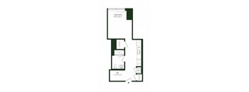 A floor plan of a living room, den, and kitchen.