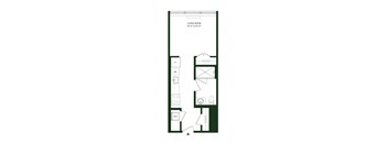 A floor plan of a living room with a kitchen area and a bathroom.