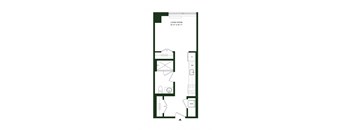 A floor plan of a living room with a kitchen area and a bathroom.